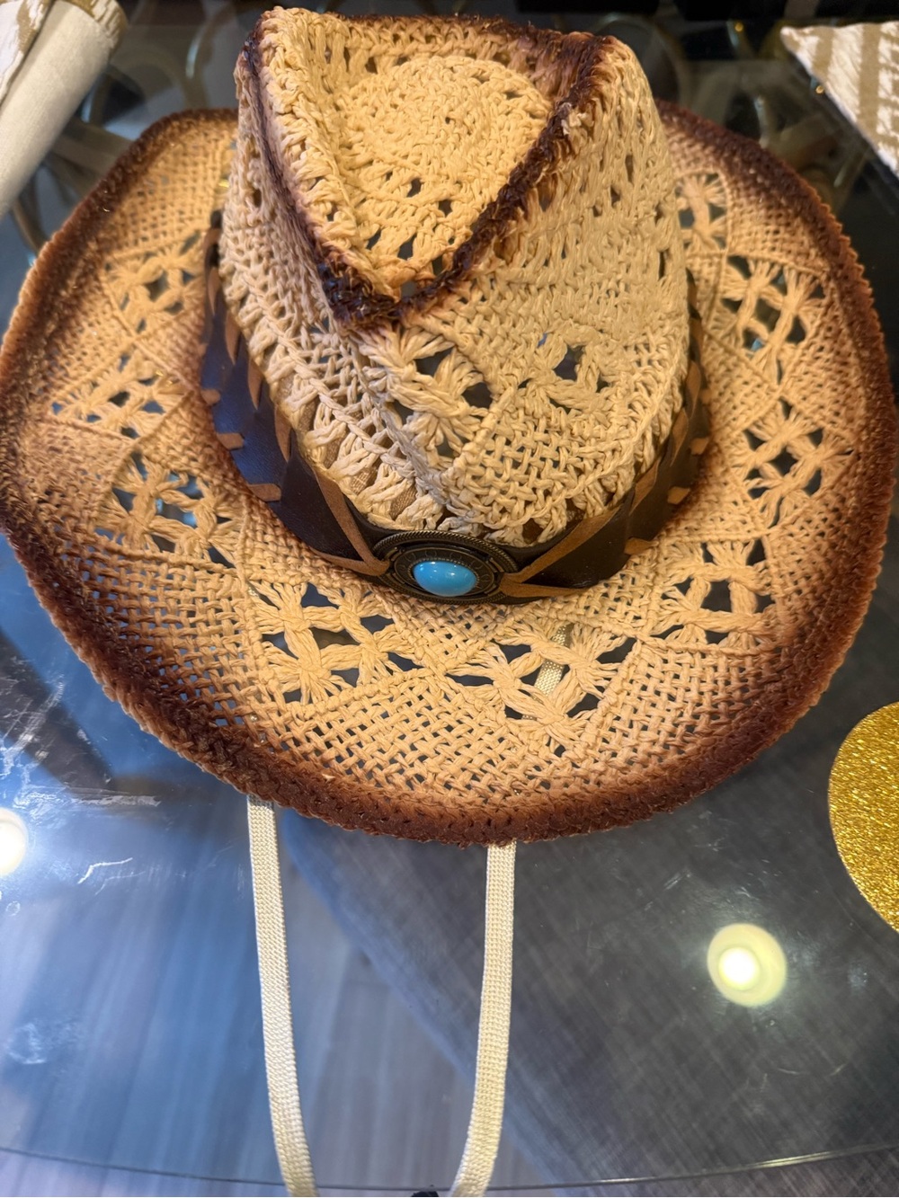 Straw Crochet Cowboy Hat with Turquoise Accent - Tan/Brown